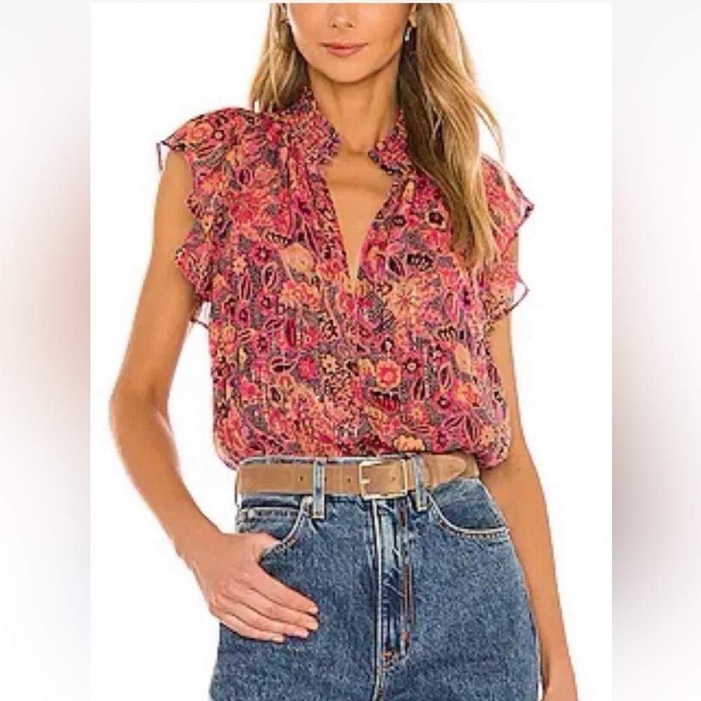 A.L.C. Hayley Silk Blend Chiffon Floral Flutter Sleeve Navy Hot Pink Blouse Top